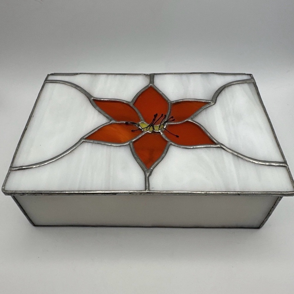 White Stain Glass Vtg Trinket Box Orange Flower Hinged Lid